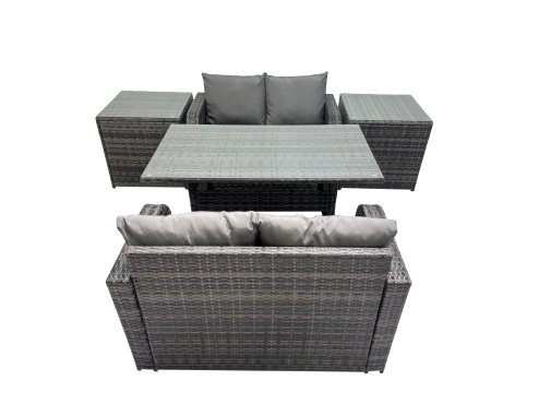 Fimous 4 Seat Outdoor Wicker PE Rattan Garden Furniture Set Dining Table Sofa Sets with 2 Side Tables Dark Grey Mixed