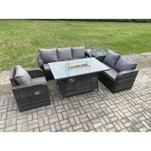 Fimous Garden Patio Furniture Wicker Rattan Gas Fire Pit Table and Sofa Chair set with Side Table