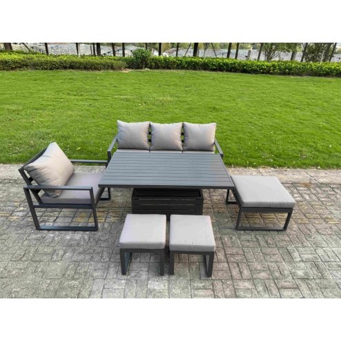 Fimous Aluminum Outdoor Dining Set Patio Dining Furniture Set Includes Adjustable Rising Lifting Dining Table Chairs with 2 Small Footstools 2 Side Tables