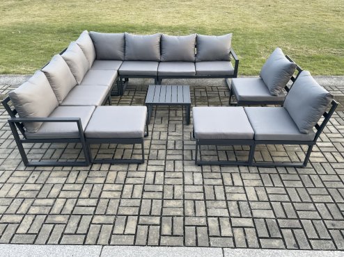 Fimous 11 Seater Patio Outdoor Garden Furniture Aluminium Lounge Corner Sofa Set with Square Coffee Table with 2 Big Footstools Dark Grey