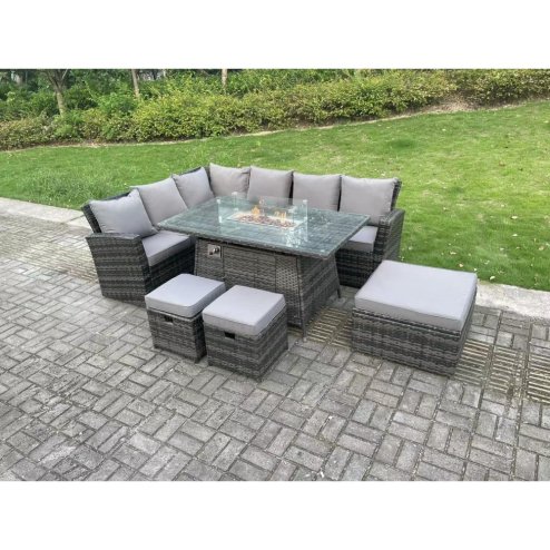 Fimous 9 Seater?Outdoor High Back Rattan Gas Fire Pit Corner Sofa Set Garden Furniture Heater Dining Table Set Footstools Dark Grey Mixed Left Hand