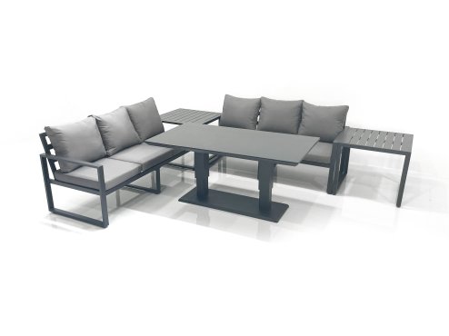 Fimous 6 Seater Aluminium Outdoor Garden Furniture Set with Adjustable Rising Lifting Dining Table 3 Seater Sofa 2 Side Tables Dark Grey