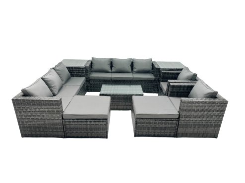 Fimous Rattan Garden Furniture Dining Set 10-seater Patio Coffee Table Sofa Set with 2 Big Stools 2 Side Tables Dark Grey Mixed