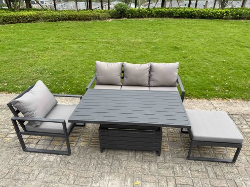 Fimous Aluminium Garden Furniture Set 5 Piece Aluminium Lounge Seating Adjustable Rising Lifting Dining Table Set with Cushions 2 Side Tables Dark Grey