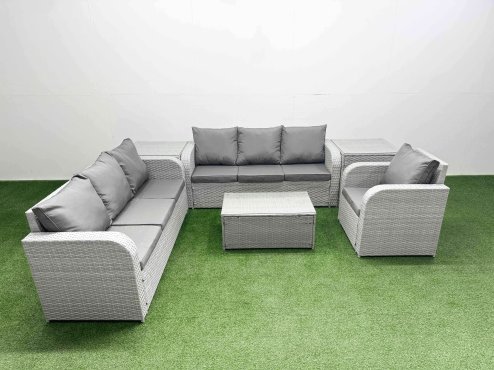 Fimous 7 Seater Poly Rattan Outdoor Garden Furniture Sofa Set Patio 3 Seater Sofa Reclining Chair 3 Seater Sofa 2 Side Table Light Grey Image