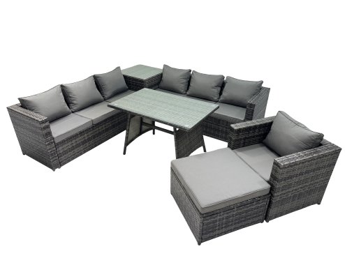 Fimous Outdoor Corner Sofa Chair Dining Table Set Garden Rattan Furniture Set 8 Seater with Side Table Big Stool Dark Grey