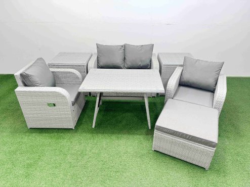 Fimous Light Grey PE Wicker Rattan Garden Furniture Set Sofa Set Reclining Chair Love Sofa Rectangular Dining Table Big Stool 2 Side Tables