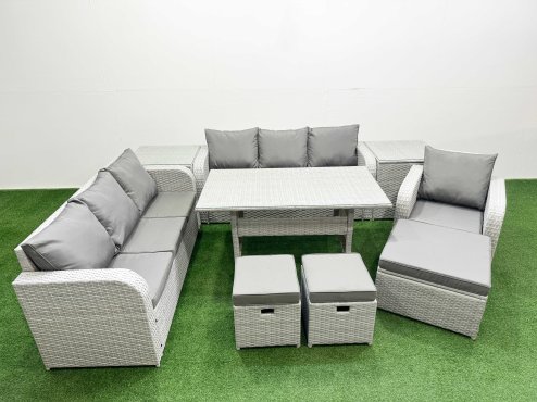 Fimous 10 Seater Poly Rattan Outdoor Garden Furniture Rectangular Dining Table Sofa Set Patio 3 Seater Sofa Reclining Chair 3 Seater Sofa 3 Stools 2 Side Table Light Grey