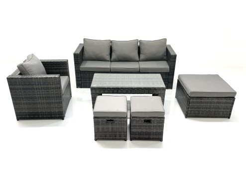 Fimous Rattan Garden Furniture Set Outdoor Lounger Sofa with Coffee Table Armchair 3 Footstools Dark Grey Mixed