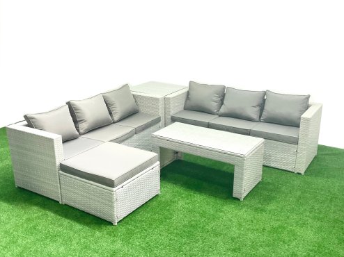 Fimous 7 Seater Garden Outdoor Rattan Furniture Set Rattan Garden Sofa Oblong Coffee Table with Big Footstool Side Table Light Grey Mixed Image