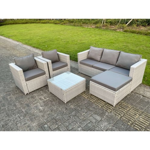 Fimous 6 Seater PE Wicker Light Grey Rattan Sofa Set Garden Furniture Chairs Footstool Conservatory Patio Furniture