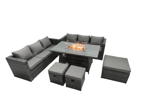 Fimous Rattan Garden Furniture Firepit Dining Set 9 Seater Lounge Sofa Table Set with 3 Footstool