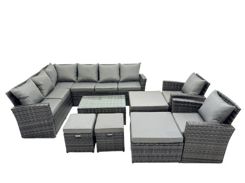 Fimous 12 Seat Rattan High Back Corner Sofa Set Patio Coffee Table Sets with 4 Stools 2 Chairs Dark Grey Mixed