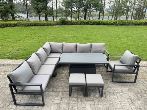 Fimous 7 Piece L-shaped Garden Furniture Set 8-Seater Aluminium Outdoor Dining Set with Adjustable Rising Lifting Dining Table Dark Grey