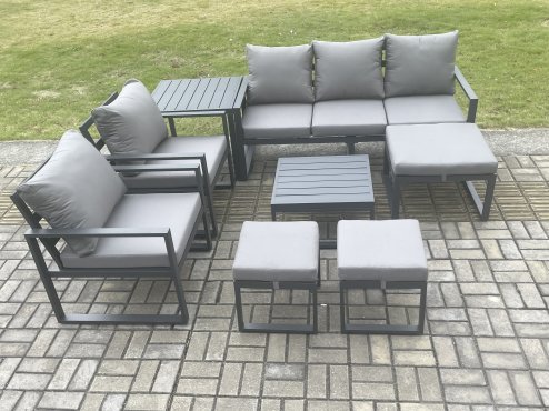 Fimous Aluminium Outdoor Lounge Sofa Set Garden Furniture Sets with Square Coffee Table 2 Chairs 3 Footstools Side Table Dark Grey 8 Seater