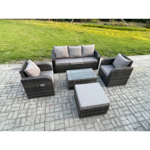 Fimous Outdoor Rattan Garden Furniture Set Patio Lounge Sofa Set with Reclining Chair Rectangular Coffee Table Big Footstool Dark Grey Mixed