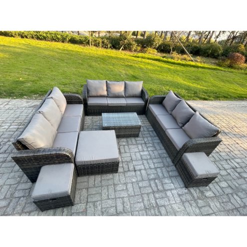 Fimous Rattan Lounge Sofa Set 12 Seater Outdoor Garden Furniture Set with Rectangular Coffee Table 3 Seater Sofa 3 Footstools Dark Grey Mixed