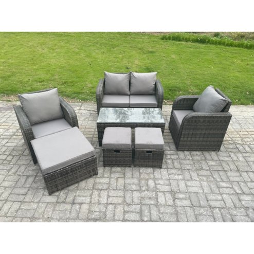 Fimous 7 Seater Rattan Lounge Sofa Set Outdoor Garden Furniture Set with Rectangular Coffee Table Love Sofa 3 Footstools Dark Grey Mixed