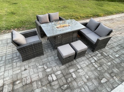 Fimous 7 Seater Rattan Outdoor Garden Furniture Gas Fire Pit Table Sets Gas Heater with Love Sofa Armchair 2 Small Footstools Dark Mixed Grey