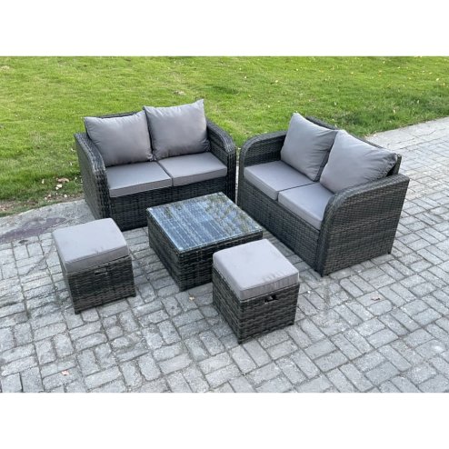 Fimous Rattan Sofa Set Outdoor Garden Furniture Set with Square Coffee Table Loveseat Sofa 2 Small Footstool Dark Grey Mixed
