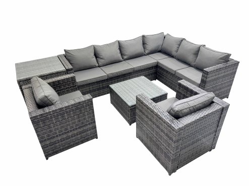 Fimous Outdoor PE Rattan Garden Furniture Sofa Set with Square Coffee Table 2 Chair Side Table Dark Grey