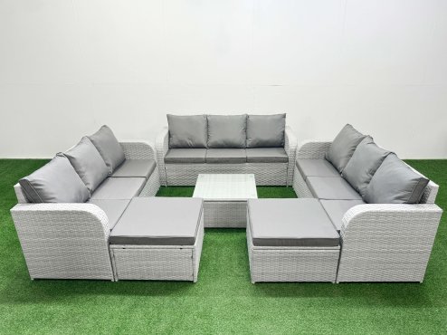 Fimous PE Rattan Lounge Sofa Set 11 Seater Outdoor Garden Furniture Set with Square Coffee Table 3 Seater Sofa 2 Big Footstools Light Grey Image