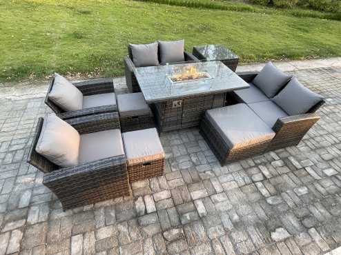 Fimous Outdoor Garden Furniture Sets 9 Pieces Wicker Rattan Furniture Gas Firepit Dining Table Sofa Set with 3 Footstools Side Table Dark Grey Mixed