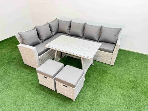 Fimous Garden Outdoor Rattan Furniture Set Rattan Corner Sofa Oblong Dining Table Set with 2 Small Footstools Light Grey Mixed 8 Seater