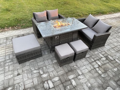 Fimous 7 Seater Rattan Garden Furniture Set Outdoor Lounge Sofa Chair Gas Fire Pit Dining Table Set With 3 Footstools Double Seat Sofa