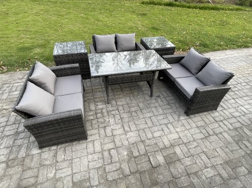 Fimous 6 Seater Wicker PE Rattan Garden Furniture Sets Outdoor Lounge Sofa Set with Oblong Dining Table Double Seat Sofa 2 Side Tables Dark Grey Mixed