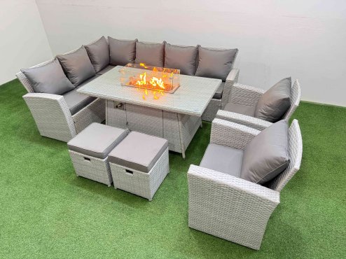 Fimous Rattan Corner Sofa Chair Set Outdoor Furniture Garden Dining Sets Gas Fire Pit Table with Temper Glass 2 Footstools Light Grey Mixed