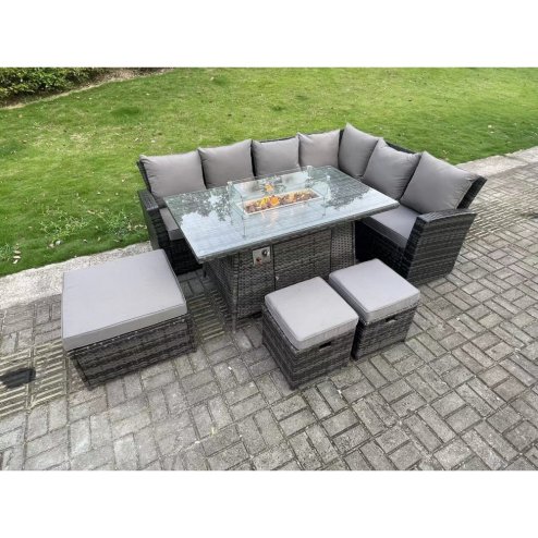 Fimous 9 Seater?Outdoor High Back Rattan Gas Fire Pit Corner Sofa Set Garden Furniture Heater Dining Table Set Footstools Dark Grey Mixed Right Hand