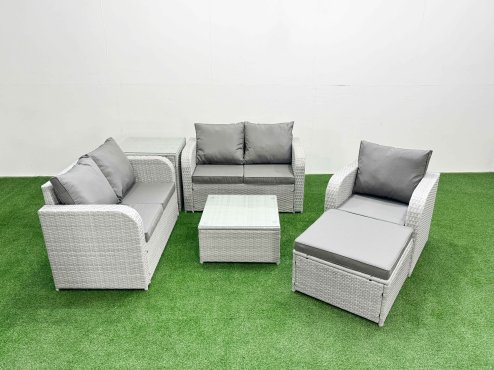 Fimous High Back Poly Rattan Garden Furniture Set with Reclining Chair Loveseat Sofa Square Coffee Table Indoor Outdoor Patio Set Big Stool Side Table Light Grey Image