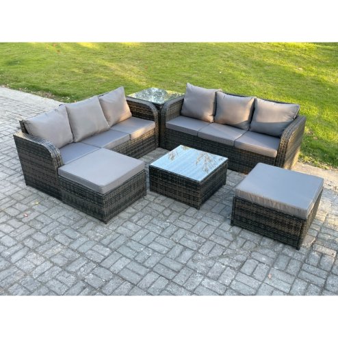 Fimous 8 Seater Outdoor Rattan Garden Furniture Set Conservatory Patio Sofa Coffee Table With 2 Big Footstool Side Table Dark Grey Mixed