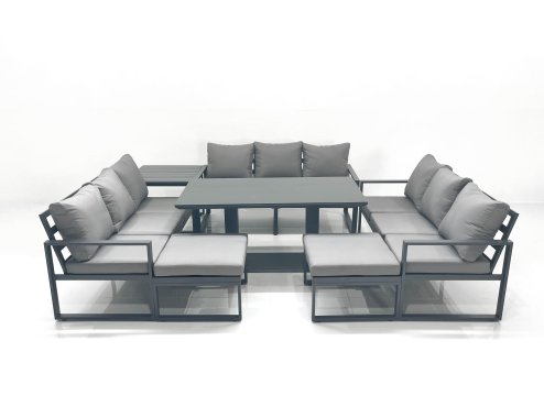 Fimous 11 Seater Garden Sofa Set Aluminium Furniture Rising Dining Tabe Set with Side Table 2 Big Footstools Dark Grey