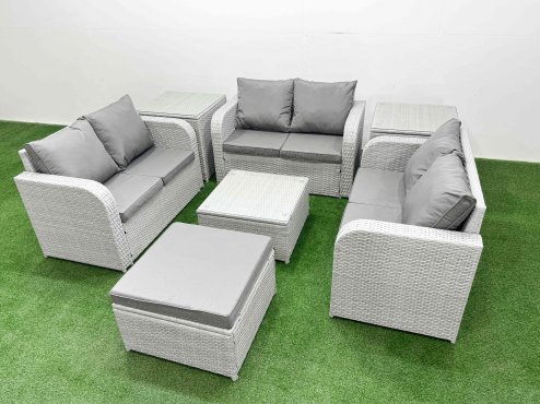 Fimous 7 Seater PE Wicker Rattan Furniture Sofa Sets with Square Coffee Table 2 Seater Love Sofa Big Footstool 2 Side Table Light Grey