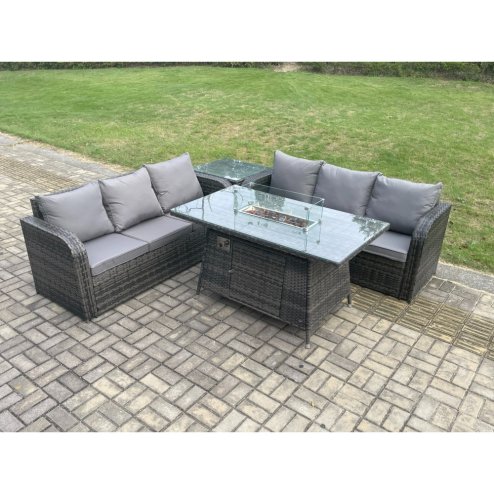 Fimous Rattan Garden Furniture Set with Fire Pit Table 4 Pieces Outdoor Patio Lounge Sofa Set Dark Grey Mixed