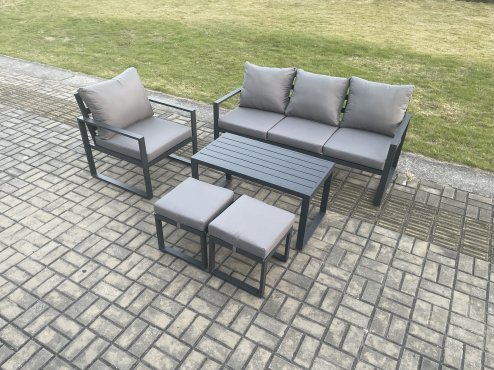 Fimous Aluminium Outdoor Garden Furniture Set Patio Lounge Sofa with Oblong Coffee Table 2 Small Footstools Armchair Dark Grey