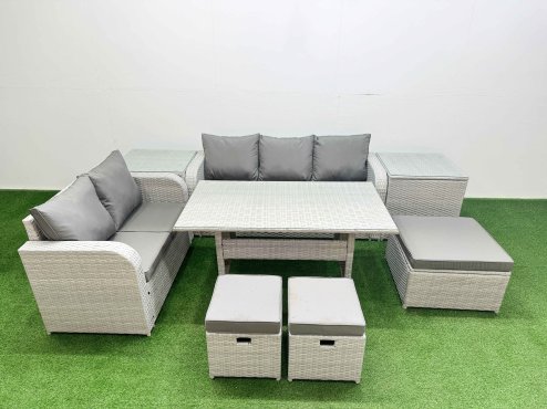 Fimous 8 Seater PE Rattan Wicker Garden Furniture Patio Conservatory Sofa Set with Rectangular Dining Table 3 Seater Sofa Love Sofa 3 Stool 2 Side Table