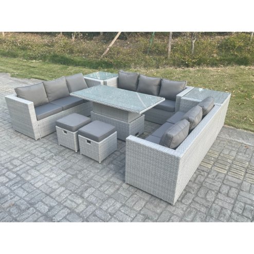 Fimous U Shape Lounge Rattan Garden Furniture Set Adjustable Rising Lifting Table Dining Set With 2 PC Side Coffee Tea Table Stool