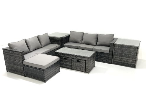 Fimous Garden Outdoor Rattan Furniture Set with Sofa Coffee table 3 Footstools 2 Side Tables Dark Grey Mixed