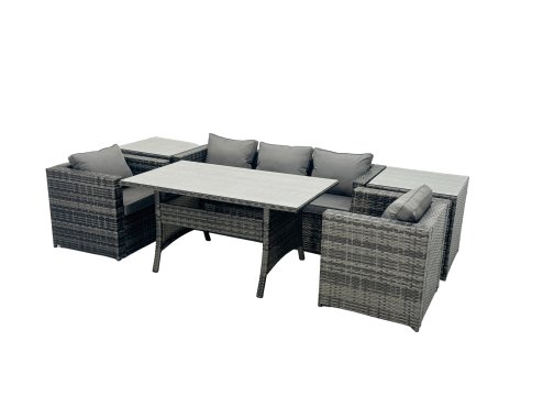Fimous Outdoor Dining Table Sofa Armchair Set with 2 Side Tables Garden Furniture Set Dark Grey Mixed