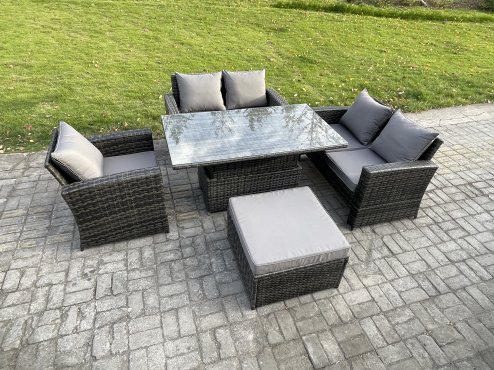 Fimous 5pcs Rattan Outdoor Garden Furniture Set Height Adjustable Rising Lifting Table Sofa Dining Set with Big Footstool Dark Grey Mixed