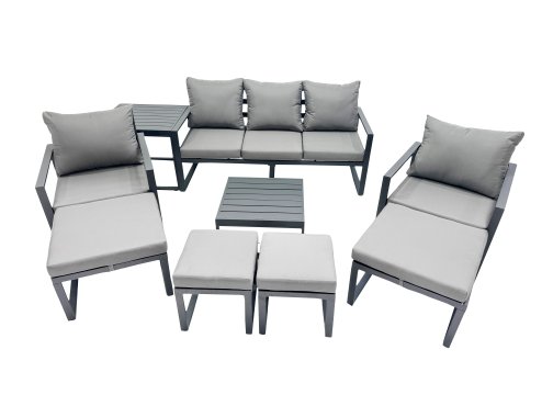 Fimous Outdoor Garden Furniture Set Aluminium Lounge Sofa Square Coffee Table Sets with 4 Stools Side Table Dark Grey