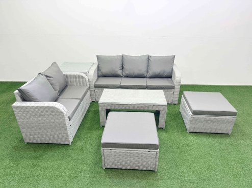 Fimous 7 Seater PE Rattan Wicker Garden Furniture Patio Conservatory Sofa Set with Oblong Coffee Table 3 Seater Sofa Love Sofa 2 Big Footstool Side Table