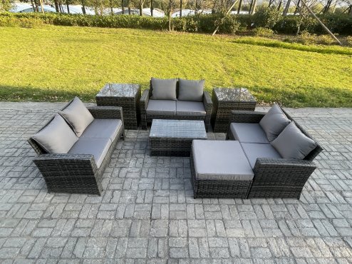 Fimous 7pc Rattan Sofa Garden Furniture Outdoor Patio Set with 2 Side Tables Big Footstool Double Seat Sofa Dark Grey Mixed