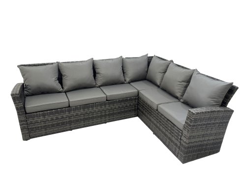 Fimous Outdoor Furniture Garden Dining Set Rattan Corner Sofa Chair Set Gas Fire Pit Table with Temper Glass 2 Big Footstools Dark Grey Mixed