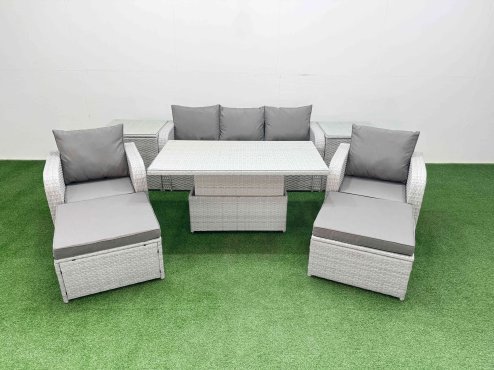 Fimous PE Rattan Garden Furniture Set Reclining Chair Sofa Lounge Sofa Set Adjustable Lifting Dining or Coffee Table 2 Side Table 2 Big Footstool Light Grey Image