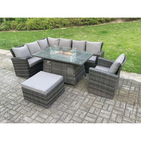 Fimous 8 Seater?Outdoor Rattan Gas Fire Pit Sofa Dining Set Garden Furniture Heater Dining Table Chair Dark Grey Mixed Left Side