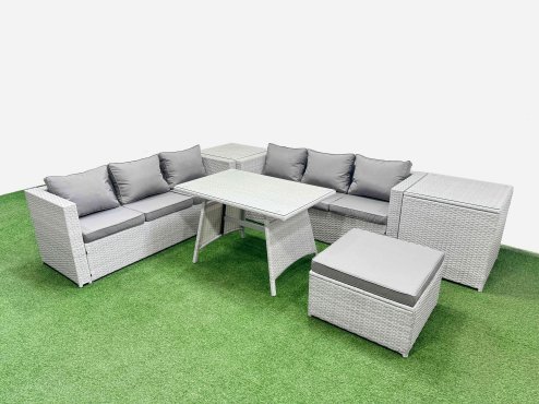 Fimous Rattan Garden Furniture Dining Set 7-seater Patio Rectangular Table 3 Seater Sofa Set with 2 Side Tables Big Stool Light Grey
